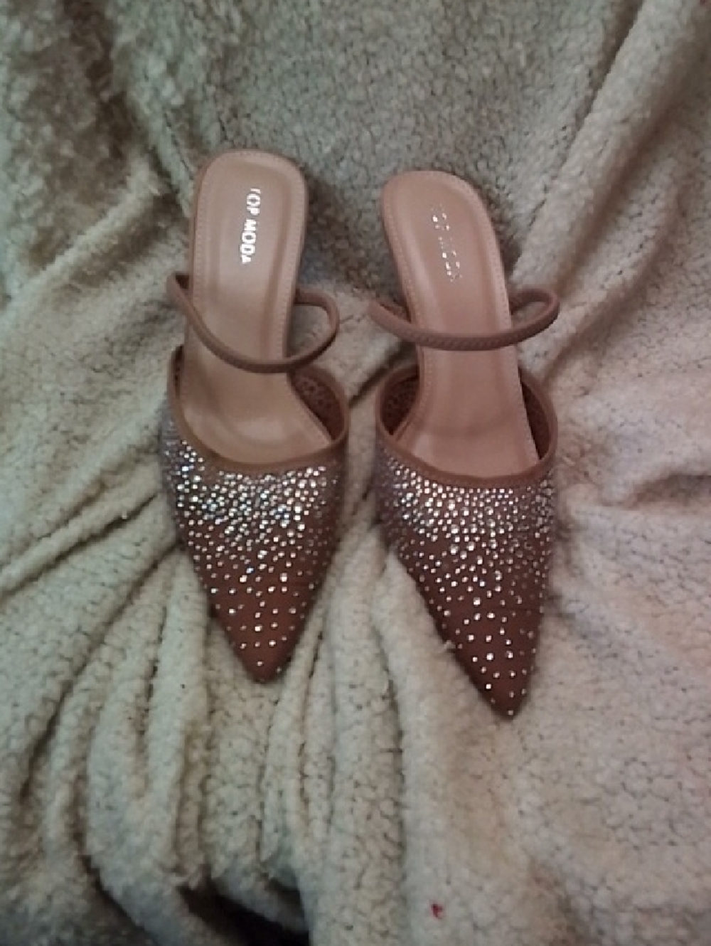 TOP Moda Taupe Pointed-Toe Crystal Strap Mules